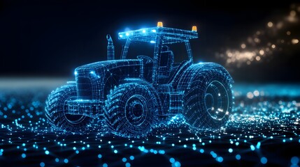 Fototapete - Futuristic blue wireframe tractor. Glowing network of dots creates a digital ground. Bokeh lights add depth to the dark backdrop. Abstract wireframe in dark blue.