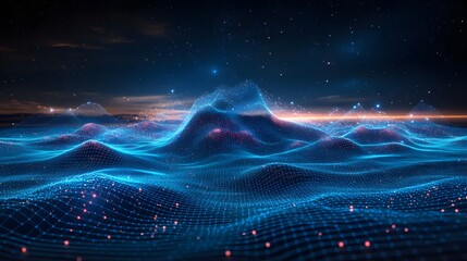 Fototapete - Abstract landscape with a blue grid, stars, and an orange glow. Red dots accent the digital hills, suggesting data or energy. A modern, tech-inspired scene. Abstract wireframe in dark blue.