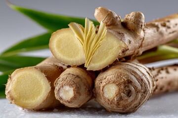 Poster - Fresh ginger root with sliced sections and green leaves displayed on a light surface in a well-lit setting