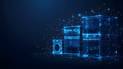 Aufkleber - Futuristic smart home featuring a washing machine, oven, and refrigerator connected in a glowing wireframe network. Abstract wireframe in dark blue offers a modern kitchen concept.