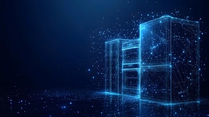 Fototapete - Futuristic data center rendering featuring server racks connected by glowing blue lines against a deep blue, networked background. Abstract wireframe in dark blue. Ideal for tech concepts.