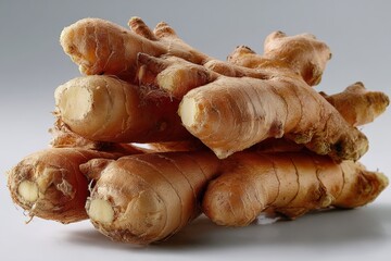 Poster - Fresh ginger root displayed on a plain background highlighting its textured surface and earthy tones