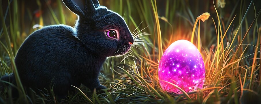 A black bunny peering into a glowing pink and purple Easter egg hidden in tall grass