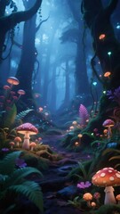 Aufkleber - 霧深い青い森の風景 きのこや植物が茂る幻想的なドット絵の背景 冒険を誘う神秘的な森林風景