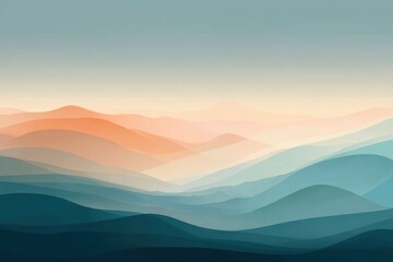 Wall Mural - soft, pastel-colored abstract landscape with layered hills fading into a tranquil, misty horizon.
