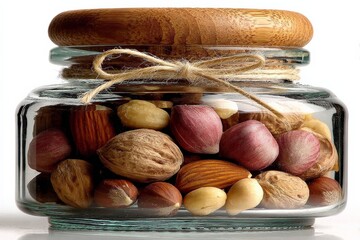 Aufkleber - Decorative jar filled with an assortment of nuts in various colors displayed on a simple background