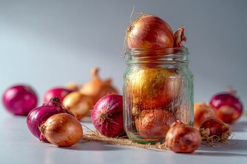 Poster - Freshly harvested onions displayed in a jar with scattered vegetables on a clean surface