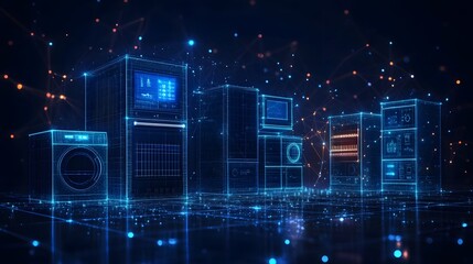 Fototapete - Futuristic network connecting smart appliances. Washing machine and servers glow as blue wireframes, symbolizing the IoT. A sleek, high-tech smart home concept. Abstract wireframe in dark blue.