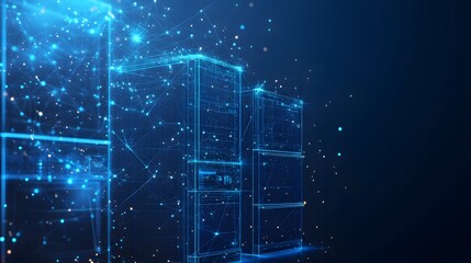 Fototapete - Futuristic abstract data center representation. Glowing blue wireframes create a sense of interconnected systems, data flow, and technological advancement. Abstract wireframe in dark blue.