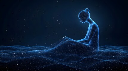Fototapete - Ethereal digital woman sits on flowing waves, a blue wireframe figure against a dark starry sky. Perfect for tech, AI, and futuristic design projects. Abstract wireframe in dark blue.