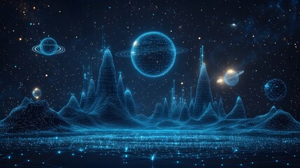 Fototapete - A surreal digital landscape featuring wireframe planets and mountains under a starlit sky. The blue particle ground adds depth. Perfect for tech and futuristic themes. Abstract wireframe in dark blue