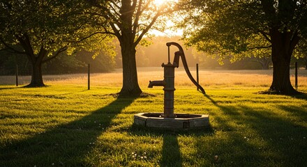 Poster - A water pump is sitting in a grassy field