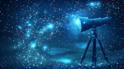 Poster - A telescope points towards a star-filled sky, representing cosmic exploration. The dark blue abstract wireframe evokes a sense of scientific discovery and wonder. Perfect for astronomy themes.