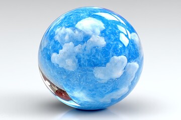 Poster - Colorful glass sphere reflecting blue sky with fluffy clouds and sparkles creating a dreamy atmosphere
