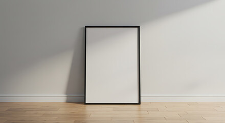 Poster - Blank Black Frame Mockup Leaning Against White Wall, Minimalist Interior Design Element for Art Display, Website Banners, and Social Media Posts