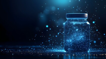 Fototapete - Futuristic glass jar containing digital energy, depicted with neon aesthetics. Abstract wireframe in dark blue showcases advanced tech, perfect for science concepts. High-tech and visually engaging.