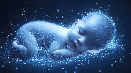 Fototapete - A sleeping baby is enveloped in a futuristic, glowing blue network of light, creating a sense of peace and technological wonder. Abstract wireframe in dark blue.