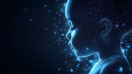 Fototapete - Futuristic representation of a child's digital identity. Glowing blue wireframe figure against a dark blue background, evokes technology and future concepts. Abstract wireframe in dark blue