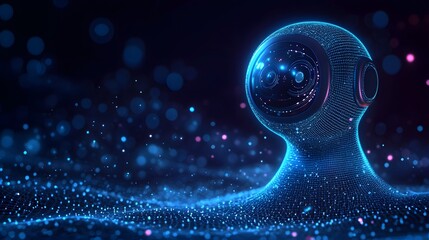 Fototapete - Futuristic avatar showcasing advanced technology. The blue grid design and internal components create a modern, digital feel. Perfect for tech or future concepts. Abstract wireframe in dark blue.