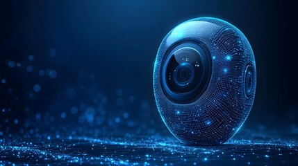 Fototapete - Futuristic technology concept featuring a glowing blue wireframe sphere with a central lens. Digital innovation and interconnectedness visualized. Abstract wireframe in dark blue.
