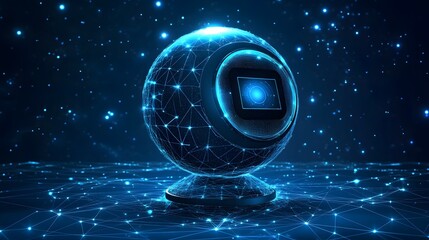 Fototapete - Futuristic sphere with a glowing blue mesh. A digital creation with interconnected lines and dots on a dark blue star-filled background. Abstract wireframe in dark blue.