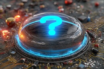 Poster - Digital sphere with glowing question mark surrounded by circuit board elements in a futuristic setting at night