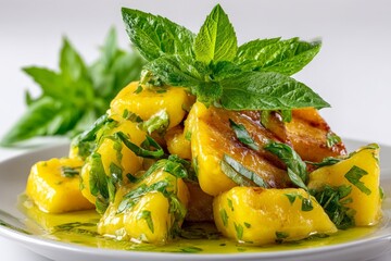 Aufkleber - Deliciously seasoned gnocchi served with fresh herbs on a white plate