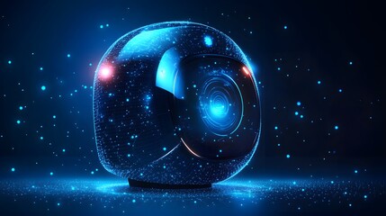 Fototapete - Futuristic technology orb with glowing blue grid. Digital sphere with circular elements and lines in a vibrant, virtual environment. Abstract wireframe in dark blue