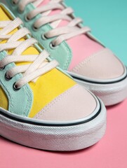 Aufkleber - Sporty Sneakers With Pastel Colors on a Vibrant Background in a Close-Up View Showcasing Stylish Design and Trendy Appeal