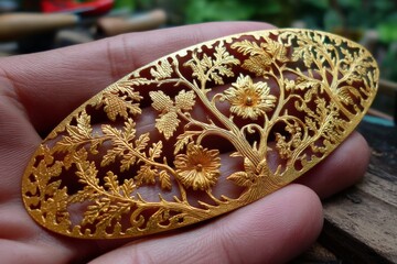 Poster - Gold filigree ornament displayed in hand showcasing intricate floral design and craftsmanship during a sunny afternoon