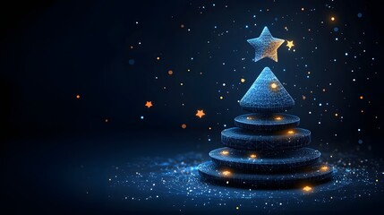 Poster - Futuristic Christmas tree with glowing ornaments against a starry backdrop. Wireframe design and vibrant lights create a festive, digital holiday scene. Abstract wireframe in dark blue.