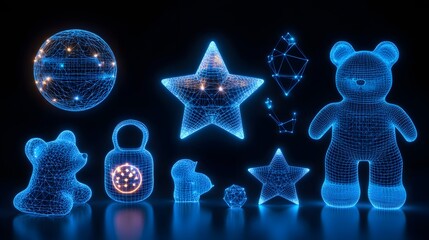 Aufkleber - Futuristic abstract wireframe collection glowing with a blue neon effect. Features bears, stars, constellations and geometric shapes against a stark black backdrop. Abstract wireframe in dark blue.