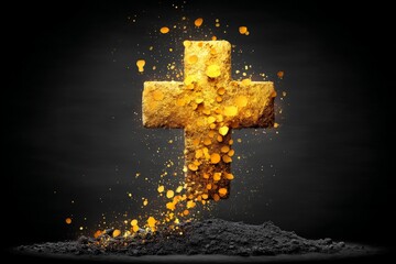 Aufkleber - Golden cross sculpture surrounded by dust particles creates a striking visual effect in dark setting
