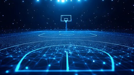 Fototapete - Futuristic basketball court bathed in ethereal blue light. Digital rendering with crisp lines, ideal for sports branding or technology visuals. Abstract wireframe in dark blue.