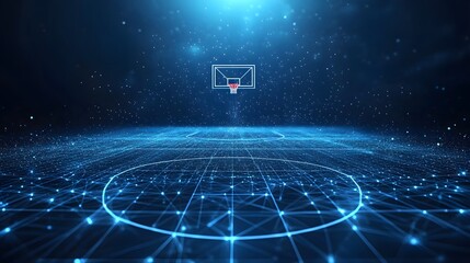 Fototapete - Futuristic basketball court with glowing blue lines and nodes against a dark cosmic backdrop. A white wireframe backboard and red net complete the scene. Abstract wireframe in dark blue