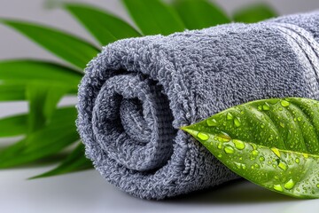Poster - Soft gray towel rolled with fresh green leaf on a subtle background for spa or relaxation setting