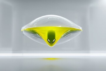 Poster - Unusual green alien figure suspended in glass with vibrant yellow liquid at a modern exhibition