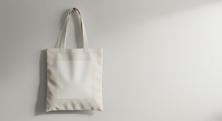 Poster - Blank canvas tote bag mockup hanging on wall, perfect for branding, retail, and environmental promotions