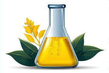 Poster - Bright yellow liquid in laboratory flask surrounded by green leaves and yellow plant elements representing science and nature collaboration