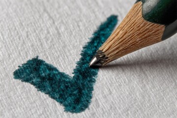 Poster - Close-up of a green pencil making a check mark on textured white paper