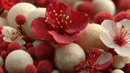 Aufkleber - a red and white background with red flowers and red and white balls