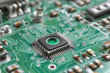 Fototapete - Circuit board detail showing a microchip and electronic components in a close-up setting