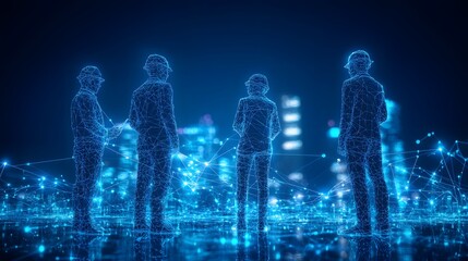 Aufkleber - Futuristic construction team overlooks a digital city. Wireframe figures and city glow in blue, merging technology and urban development. Abstract wireframe in dark blue.