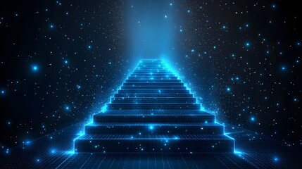 Fototapete - Ascend to a digital realm on a blue grid staircase amidst a galaxy of stars. A futuristic escape into light and energy. Dreamlike abstract wireframe in dark blue.