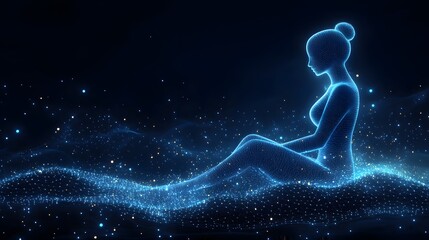 Fototapete - Ethereal digital woman meditating on a shimmering landscape. A calming abstract wireframe in dark blue, creating a futuristic and spiritual atmosphere. Perfect for wellness concepts.