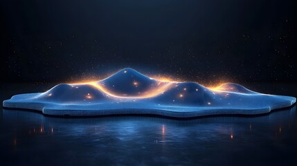 Fototapete - Ethereal blue landscape with golden light, digitally rendered as mountains of dots. A reflective surface mirrors the scene, evoking a futuristic, virtual world. Abstract wireframe in dark blue.