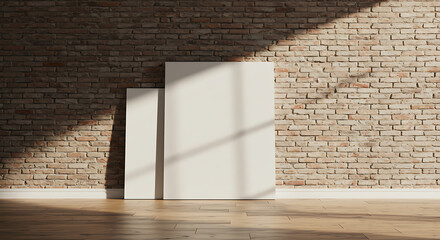 Poster - Blank canvases leaning against brick wall, realistic mockup for interior design concepts and artwork display, 3D render