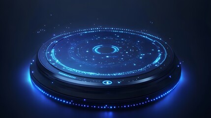 Fototapete - Futuristic platform emitting blue light. Concentric rings and scattered lights create a technological feel. Perfect for science fiction or tech concepts. Abstract wireframe in dark blue