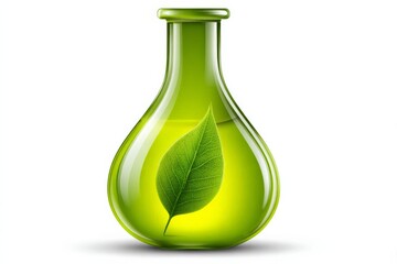 Poster - Glass flask with green liquid and leaf highlights botanical concepts of sustainability and nature conservation principles