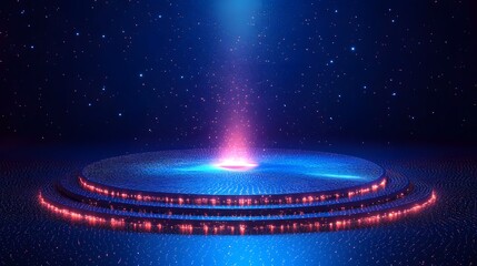 Fototapete - Futuristic platform amid a cosmic expanse of stars. Pink and blue light beam shoots upward, surrounded by particles. Abstract wireframe in dark blue. Science fiction concept.